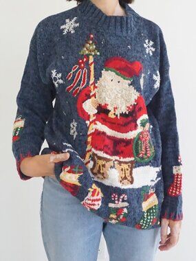 Vintage Tiara Blue Santa Snowflake Gifts Snow Ugly Christmas Knit Sweater S